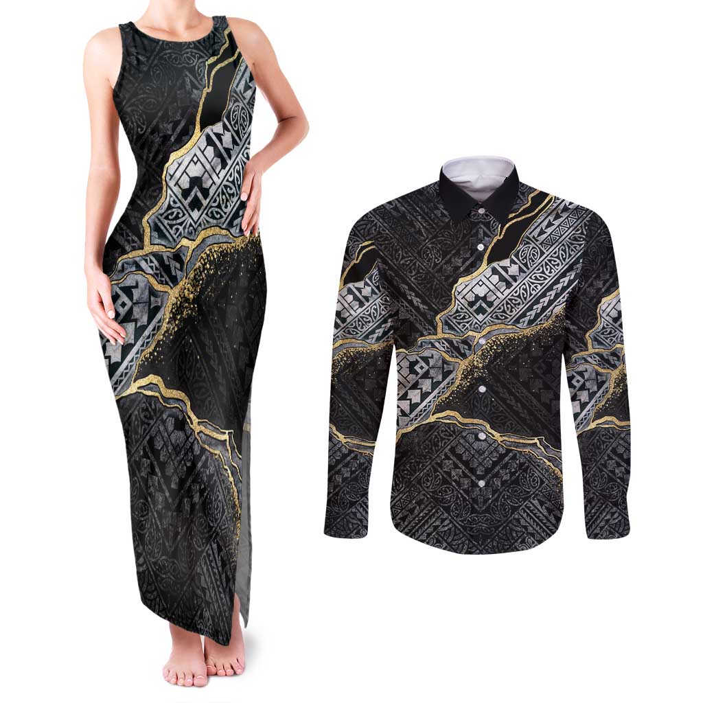 Polynesian Tribal Tattoo Couples Matching Tank Maxi Dress and Long Sleeve Button Shirt Dark Marble Pattern LT9 Black - Polynesian Pride
