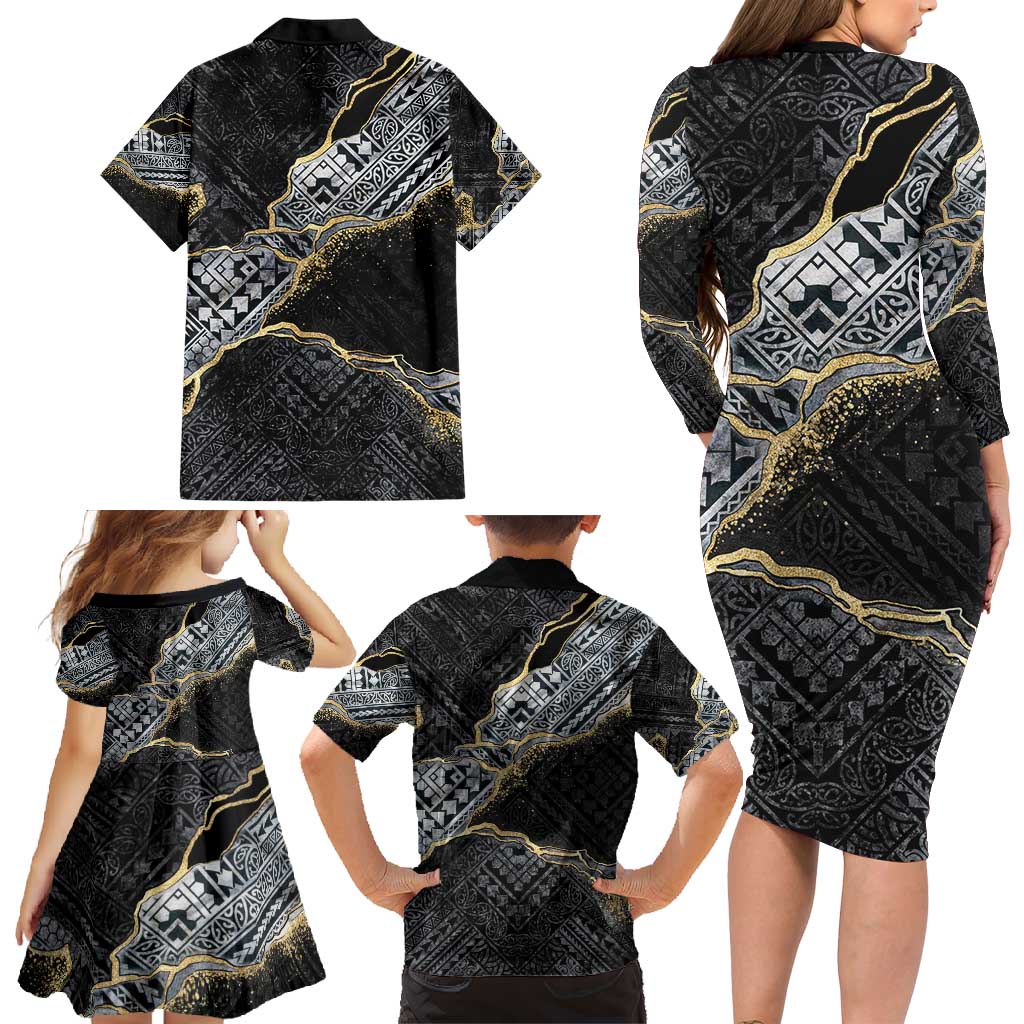 Polynesian Tribal Tattoo Family Matching Long Sleeve Bodycon Dress and Hawaiian Shirt Dark Marble Pattern LT9 - Polynesian Pride