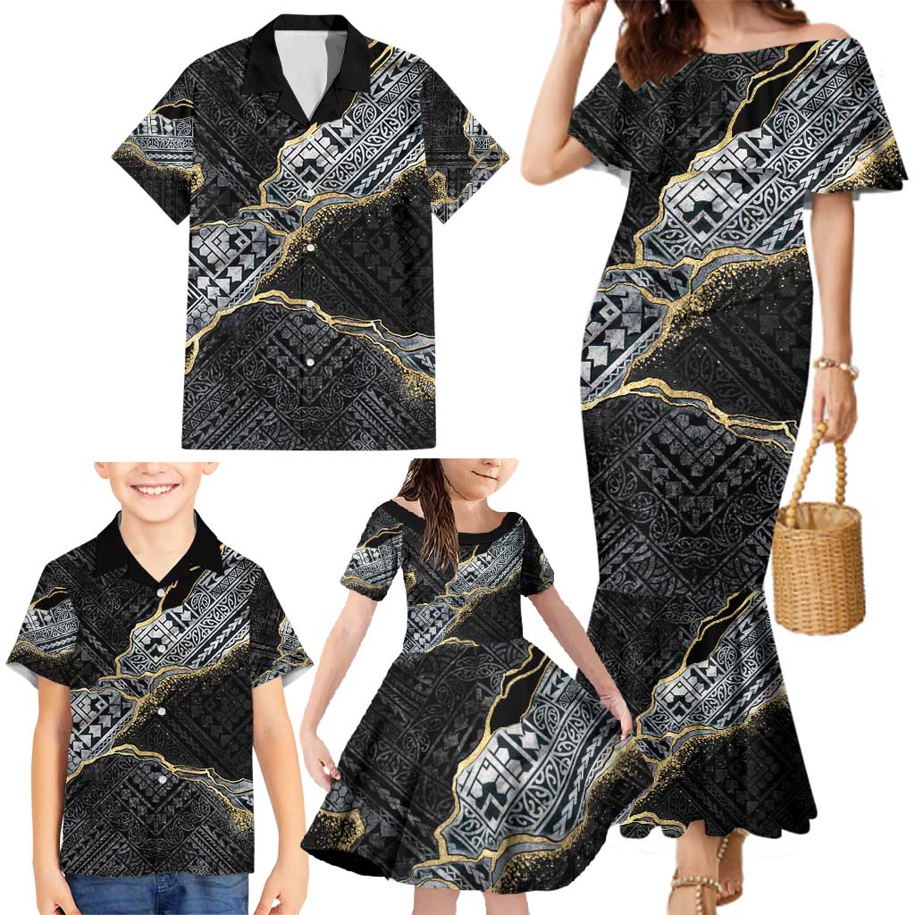 Polynesian Tribal Tattoo Family Matching Mermaid Dress and Hawaiian Shirt Dark Marble Pattern LT9 - Polynesian Pride