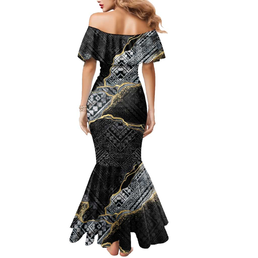 Polynesian Tribal Tattoo Family Matching Mermaid Dress and Hawaiian Shirt Dark Marble Pattern LT9 - Polynesian Pride