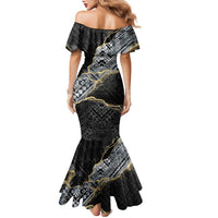 Polynesian Tribal Tattoo Family Matching Mermaid Dress and Hawaiian Shirt Dark Marble Pattern LT9 - Polynesian Pride
