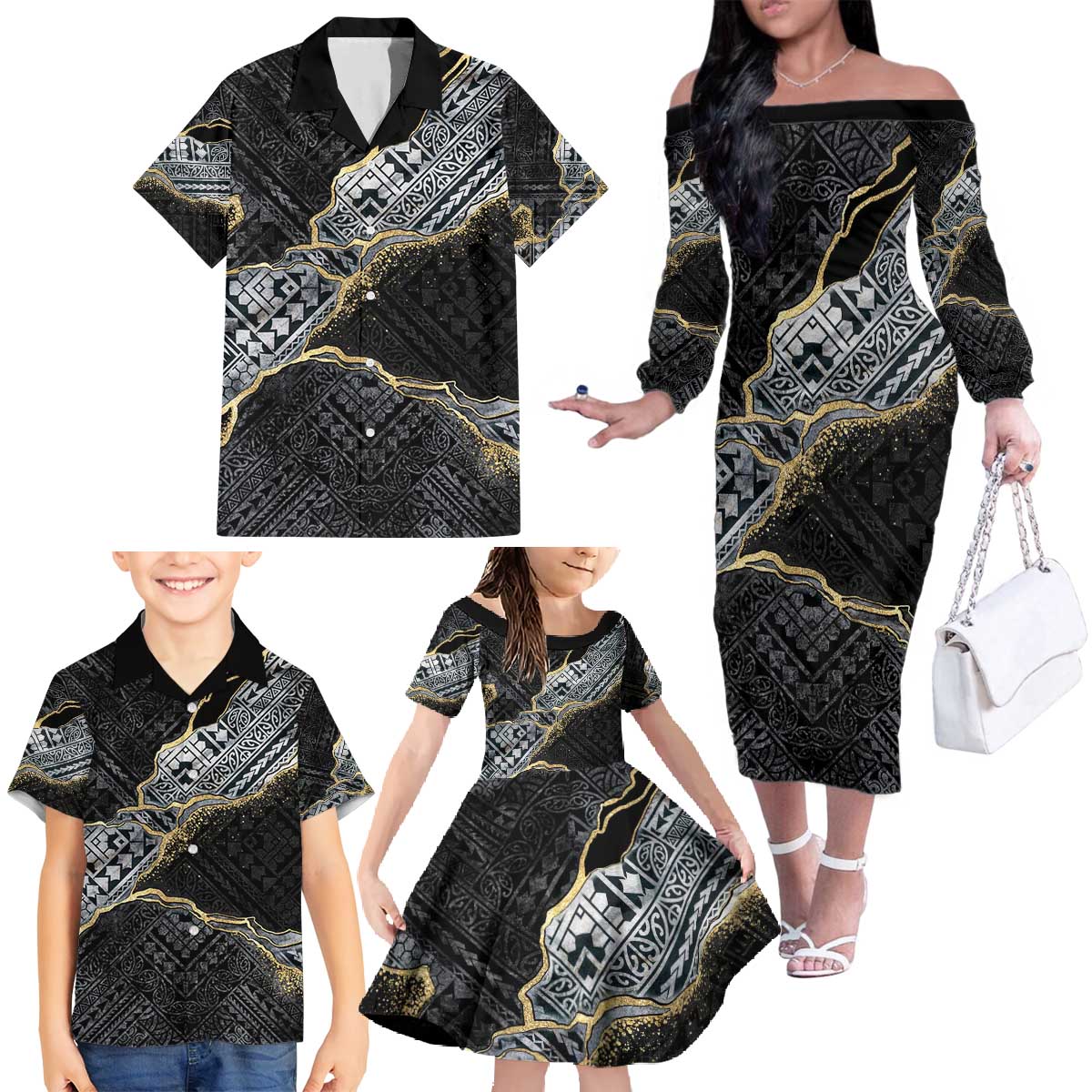 Polynesian Tribal Tattoo Family Matching Off The Shoulder Long Sleeve Dress and Hawaiian Shirt Dark Marble Pattern LT9 Black - Polynesian Pride