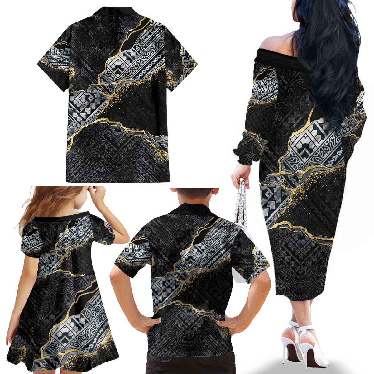 Polynesian Tribal Tattoo Family Matching Off The Shoulder Long Sleeve Dress and Hawaiian Shirt Dark Marble Pattern LT9 - Polynesian Pride