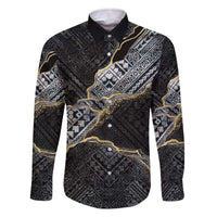 Polynesian Tribal Tattoo Family Matching Off The Shoulder Long Sleeve Dress and Hawaiian Shirt Dark Marble Pattern LT9 - Polynesian Pride