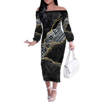 Polynesian Tribal Tattoo Family Matching Off The Shoulder Long Sleeve Dress and Hawaiian Shirt Dark Marble Pattern LT9 - Polynesian Pride