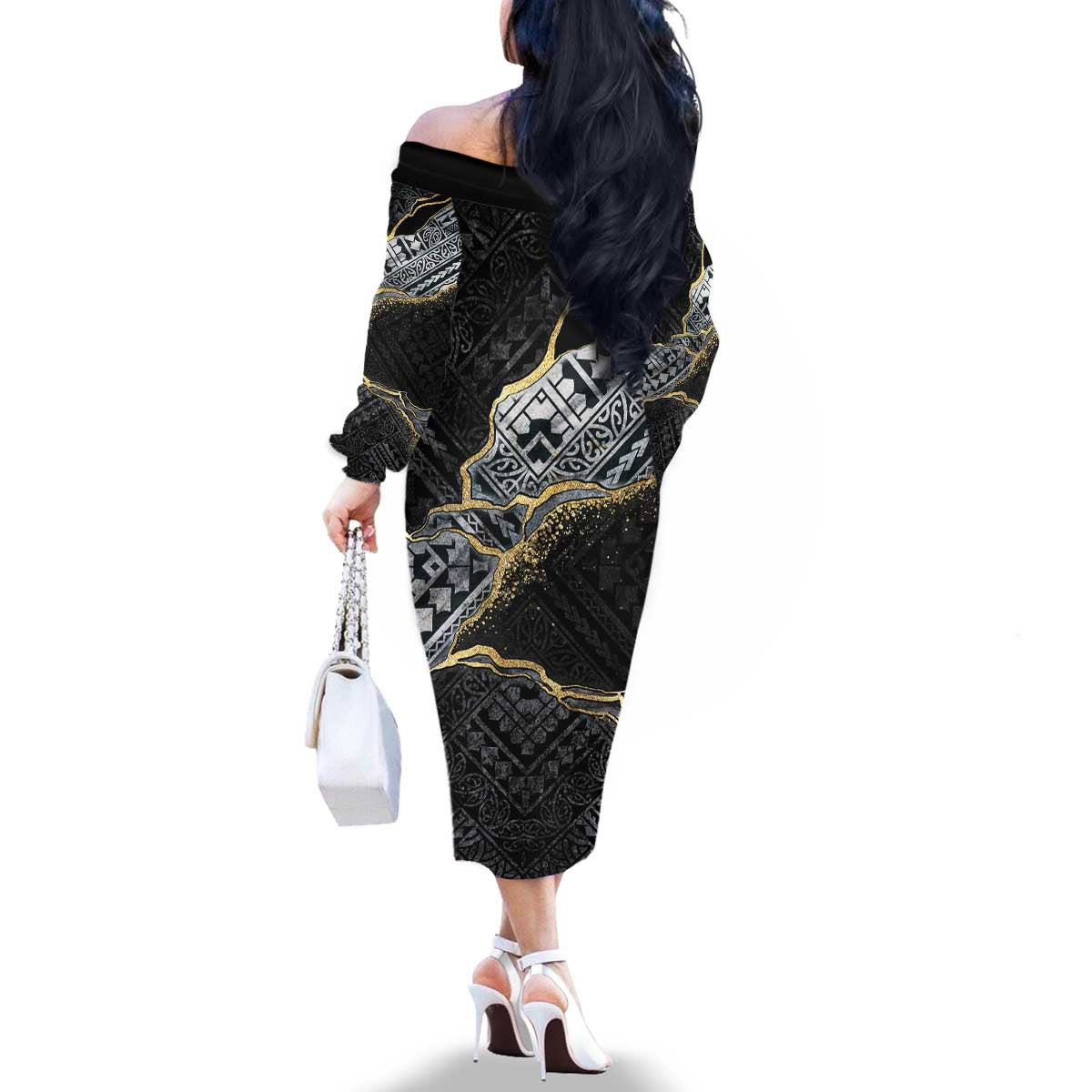 Polynesian Tribal Tattoo Family Matching Off The Shoulder Long Sleeve Dress and Hawaiian Shirt Dark Marble Pattern LT9 - Polynesian Pride