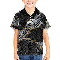 Polynesian Tribal Tattoo Family Matching Off The Shoulder Long Sleeve Dress and Hawaiian Shirt Dark Marble Pattern LT9 - Polynesian Pride