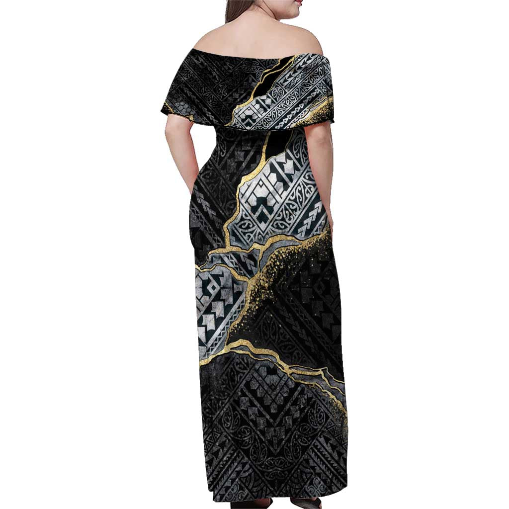 Polynesian Tribal Tattoo Family Matching Off Shoulder Maxi Dress and Hawaiian Shirt Dark Marble Pattern LT9 - Polynesian Pride