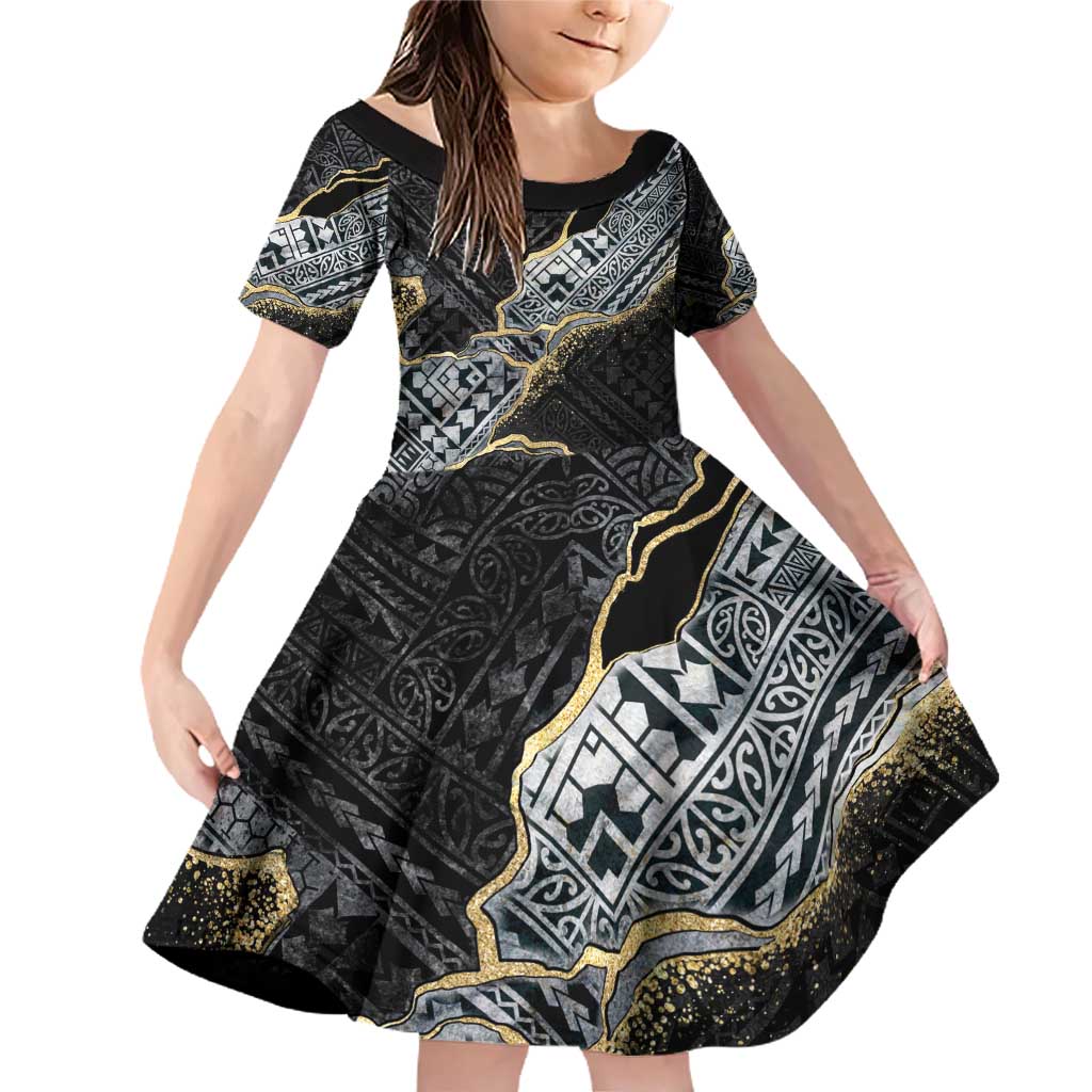 Polynesian Tribal Tattoo Family Matching Off Shoulder Short Dress and Hawaiian Shirt Dark Marble Pattern LT9 Daughter's Dress Black - Polynesian Pride