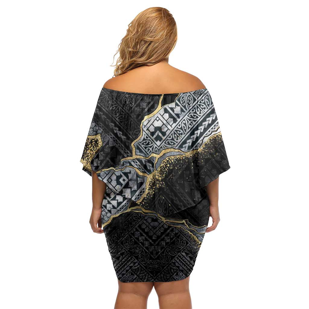Polynesian Tribal Tattoo Family Matching Off Shoulder Short Dress and Hawaiian Shirt Dark Marble Pattern LT9 - Polynesian Pride