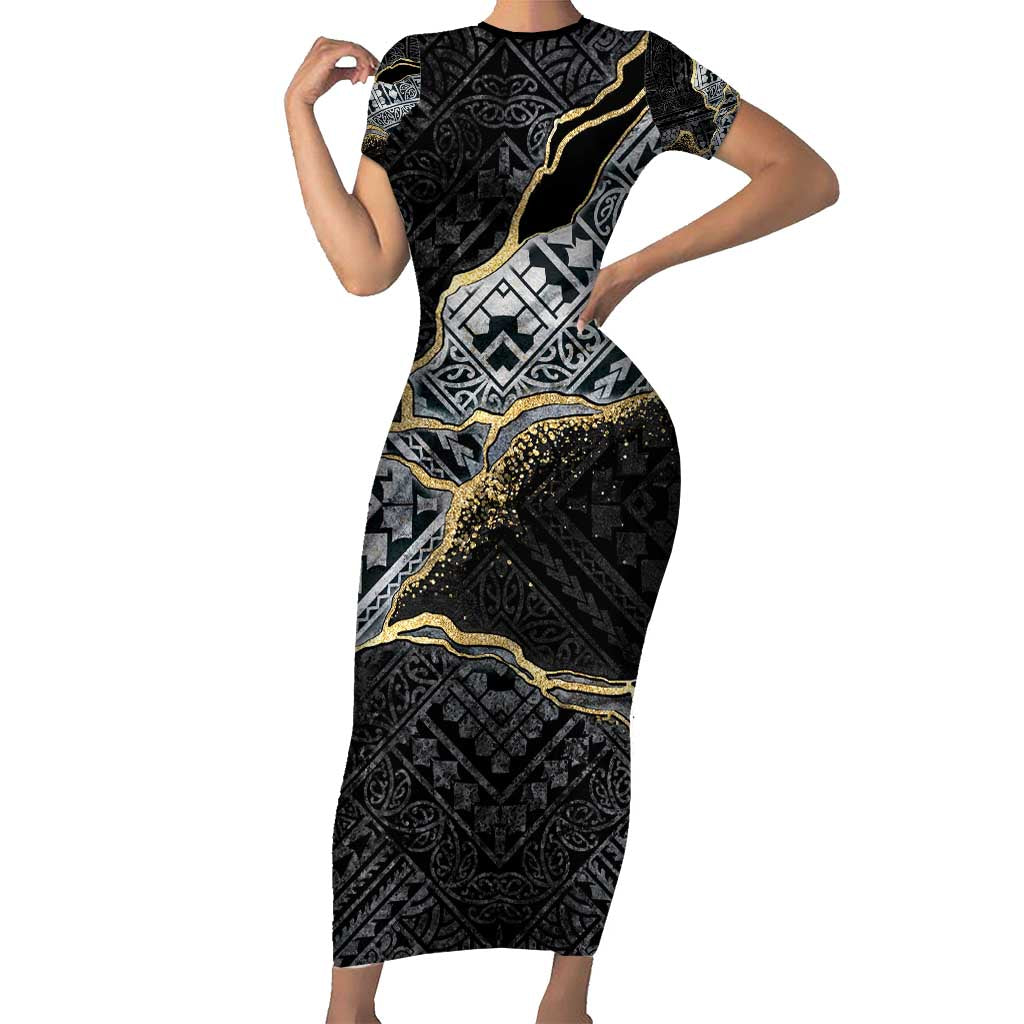 Polynesian Tribal Tattoo Family Matching Short Sleeve Bodycon Dress and Hawaiian Shirt Dark Marble Pattern LT9 Mom's Dress Black - Polynesian Pride