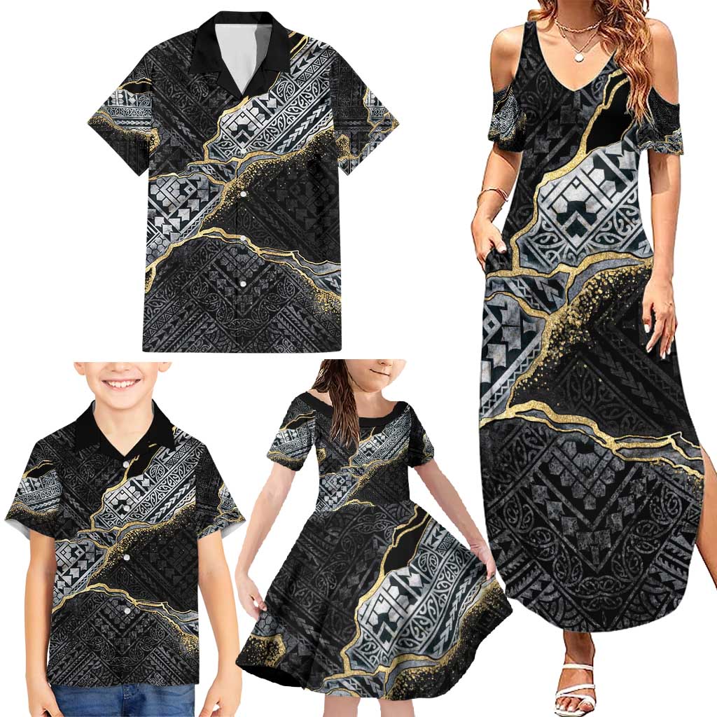 Polynesian Tribal Tattoo Family Matching Summer Maxi Dress and Hawaiian Shirt Dark Marble Pattern LT9 - Polynesian Pride