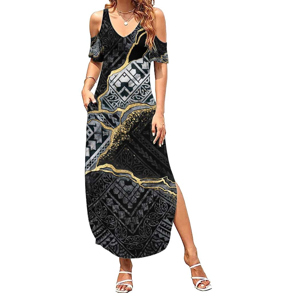 Polynesian Tribal Tattoo Family Matching Summer Maxi Dress and Hawaiian Shirt Dark Marble Pattern LT9 Mom's Dress Black - Polynesian Pride