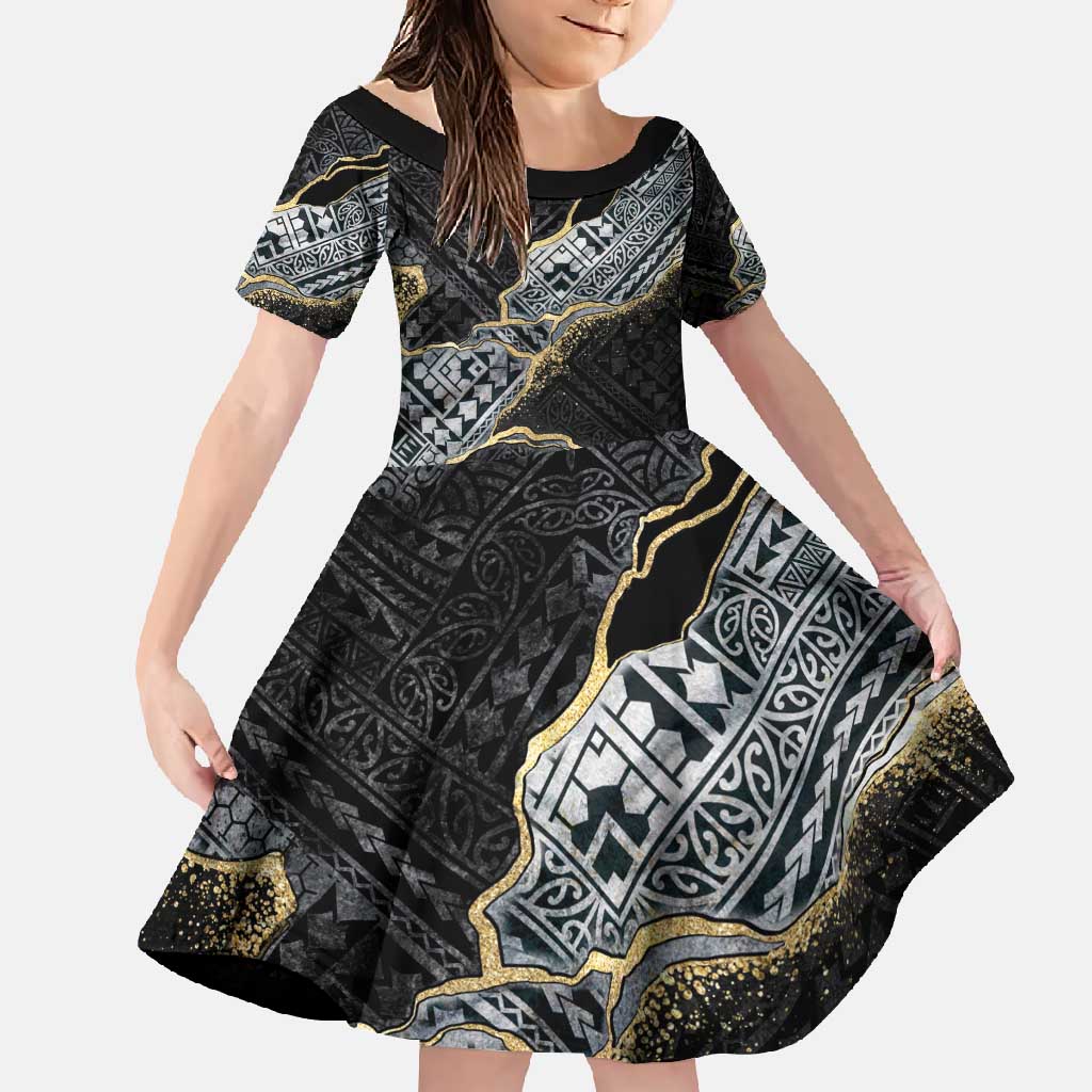 Polynesian Tribal Tattoo Family Matching Tank Maxi Dress and Hawaiian Shirt Dark Marble Pattern LT9 Daughter's Dress Black - Polynesian Pride