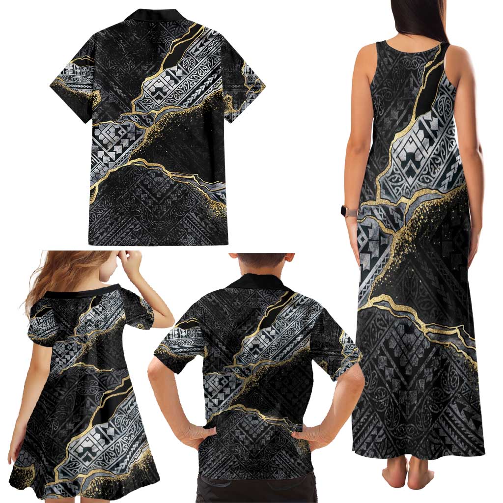 Polynesian Tribal Tattoo Family Matching Tank Maxi Dress and Hawaiian Shirt Dark Marble Pattern LT9 - Polynesian Pride
