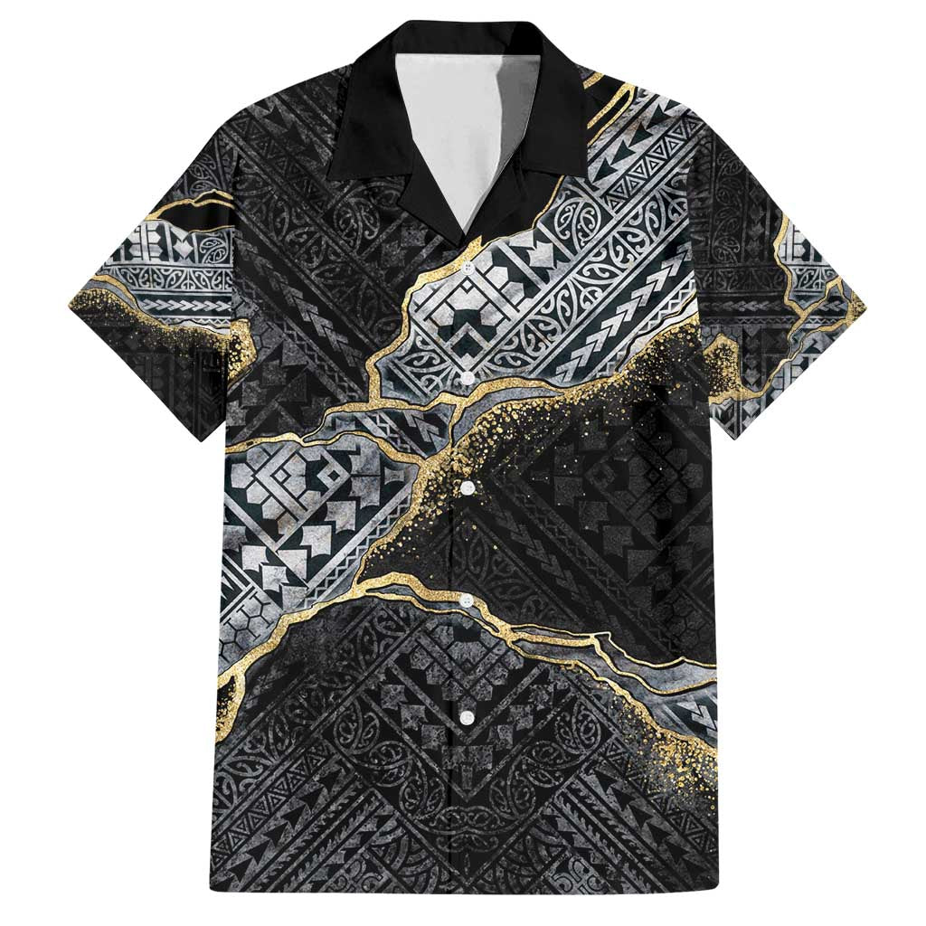 Polynesian Tribal Tattoo Family Matching Tank Maxi Dress and Hawaiian Shirt Dark Marble Pattern LT9 Dad's Shirt - Short Sleeve Black - Polynesian Pride