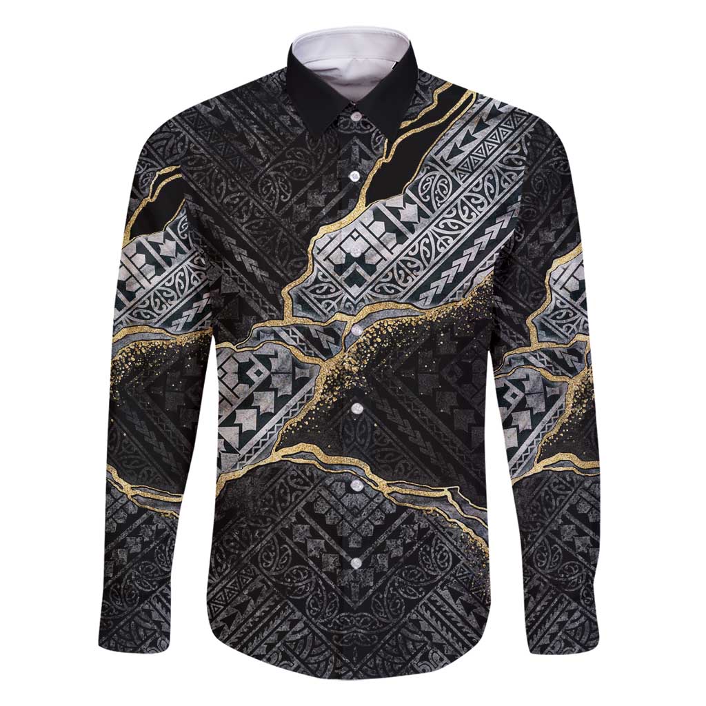 Polynesian Tribal Tattoo Family Matching Tank Maxi Dress and Hawaiian Shirt Dark Marble Pattern LT9 Dad's Shirt - Long Sleeve Black - Polynesian Pride