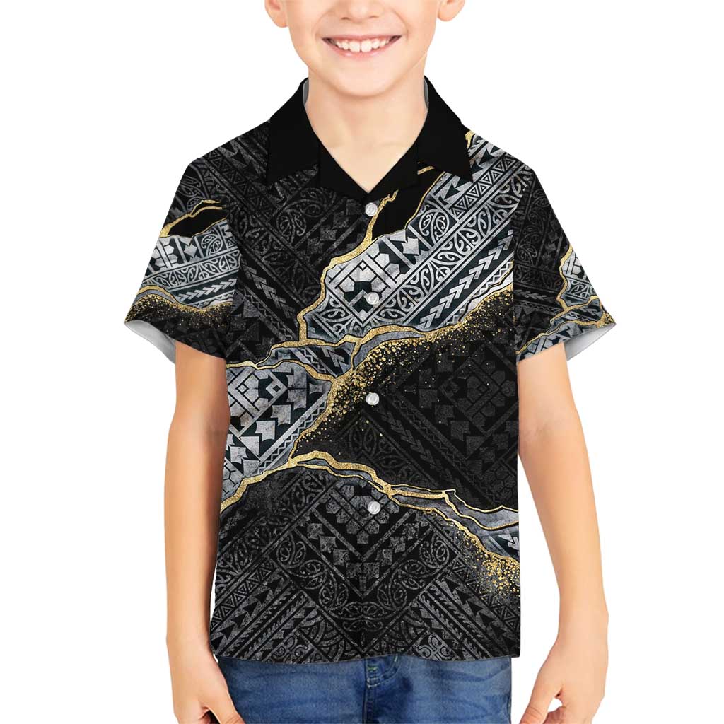 Polynesian Tribal Tattoo Family Matching Tank Maxi Dress and Hawaiian Shirt Dark Marble Pattern LT9 Son's Shirt Black - Polynesian Pride