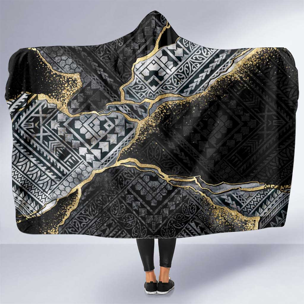 Polynesian Tribal Tattoo Hooded Blanket Dark Marble Pattern LT9 One Size Black - Polynesian Pride