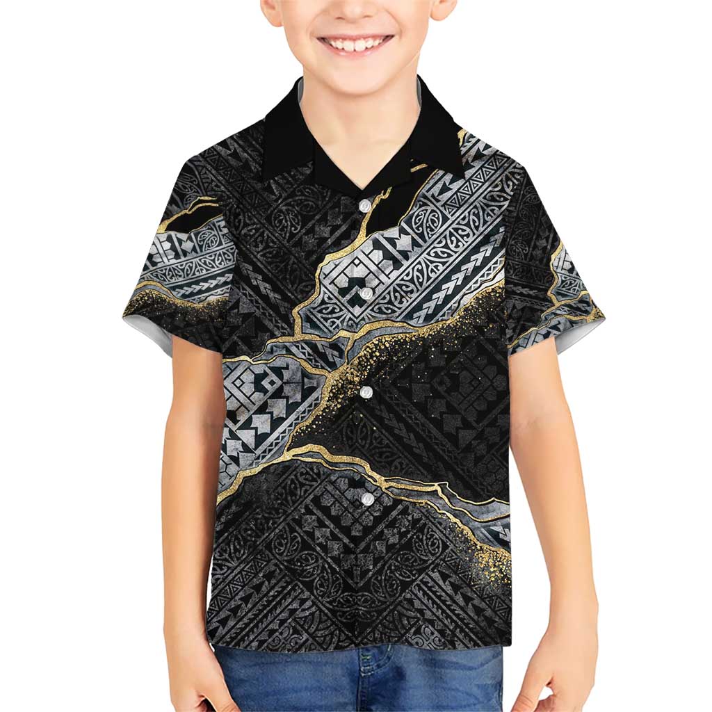Polynesian Tribal Tattoo Kid Hawaiian Shirt Dark Marble Pattern LT9 Kid Black - Polynesian Pride