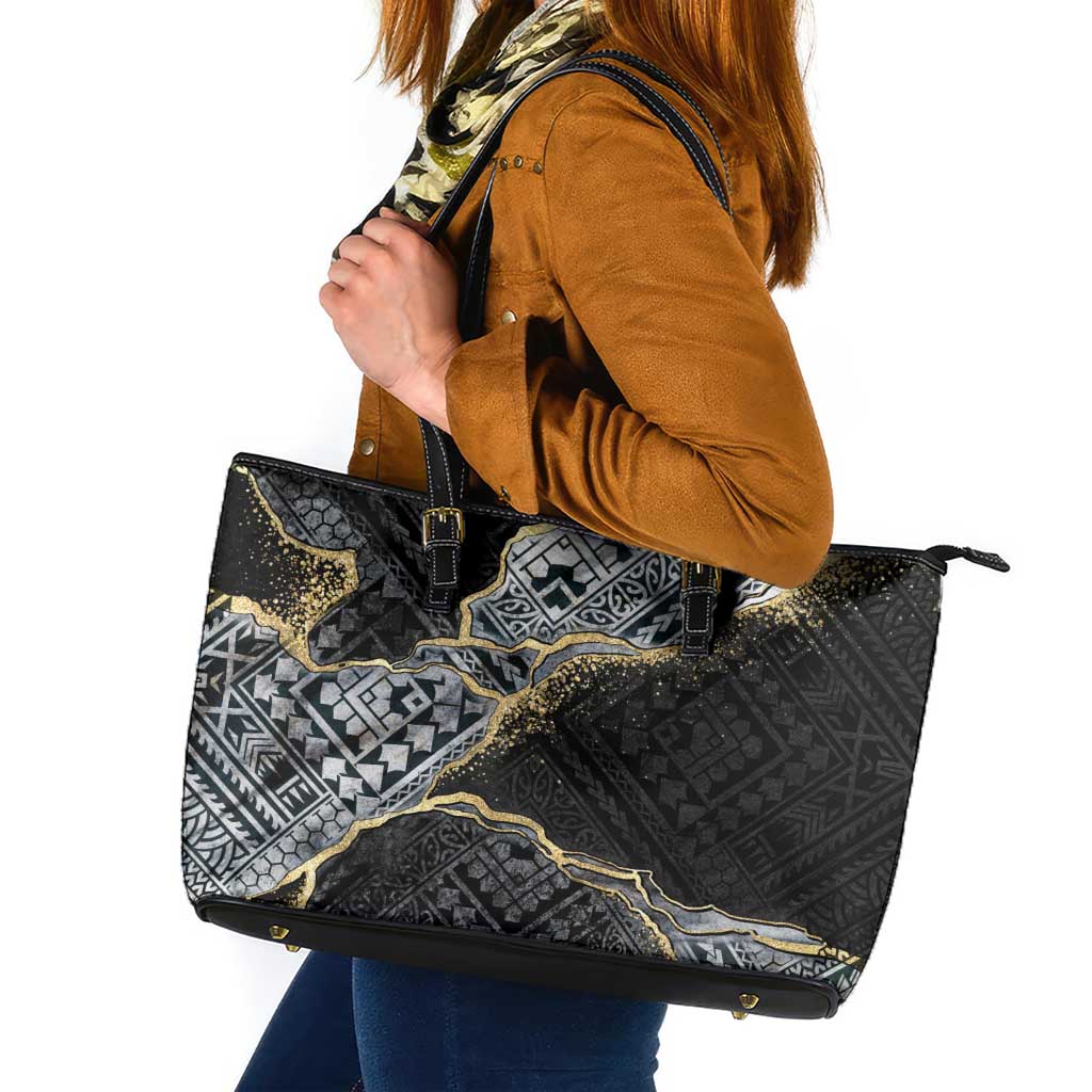 Polynesian Tribal Tattoo Leather Tote Bag Dark Marble Pattern LT9 Black - Polynesian Pride