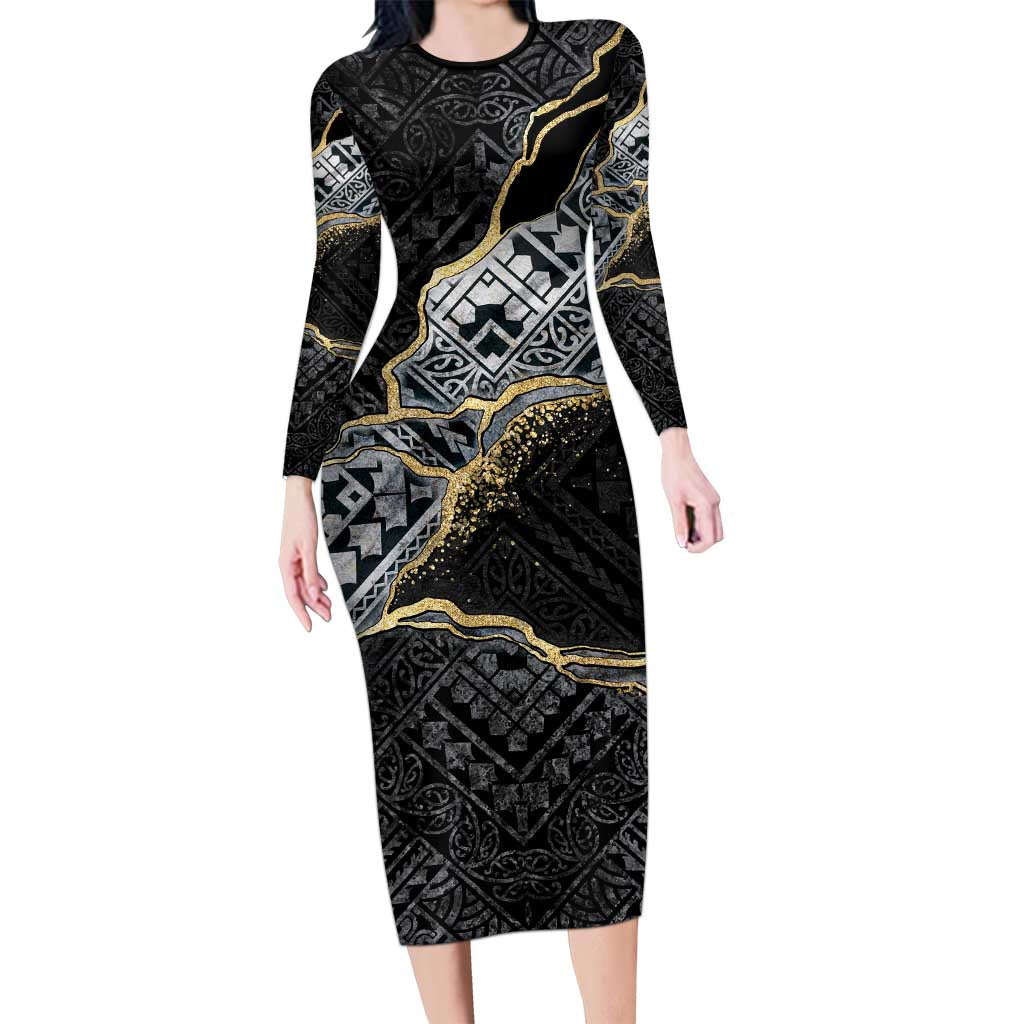 Polynesian Tribal Tattoo Long Sleeve Bodycon Dress Dark Marble Pattern LT9 Long Dress Black - Polynesian Pride