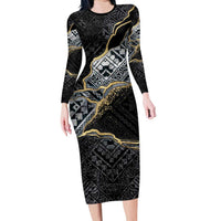 Polynesian Tribal Tattoo Long Sleeve Bodycon Dress Dark Marble Pattern LT9 Long Dress Black - Polynesian Pride