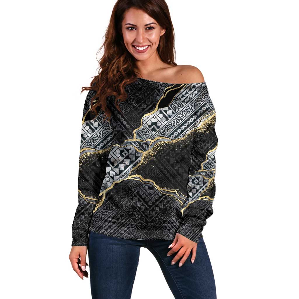 Polynesian Tribal Tattoo Off Shoulder Sweater Dark Marble Pattern LT9 Women Black - Polynesian Pride
