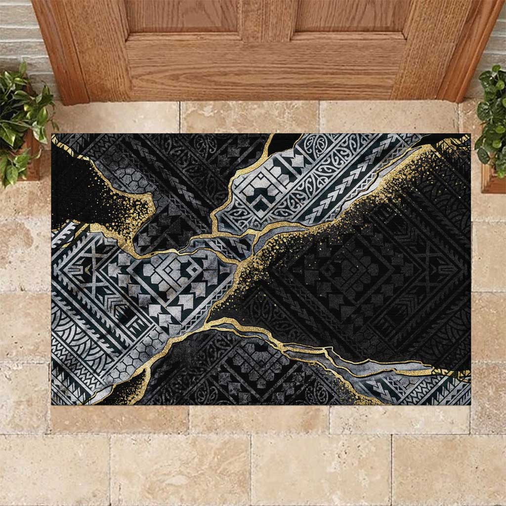 Polynesian Tribal Tattoo Rubber Doormat Dark Marble Pattern