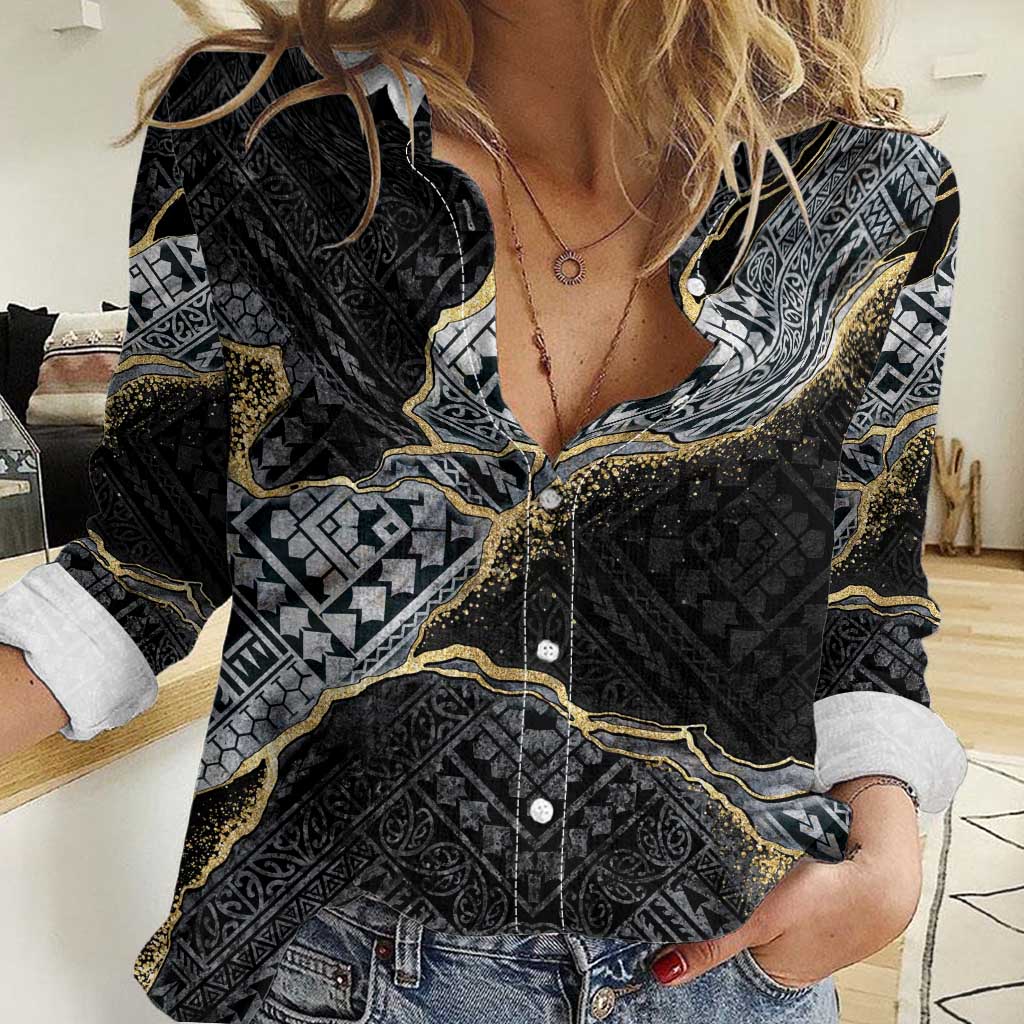 Polynesian Tribal Tattoo Women Casual Shirt Dark Marble Pattern LT9 Female Black - Polynesian Pride