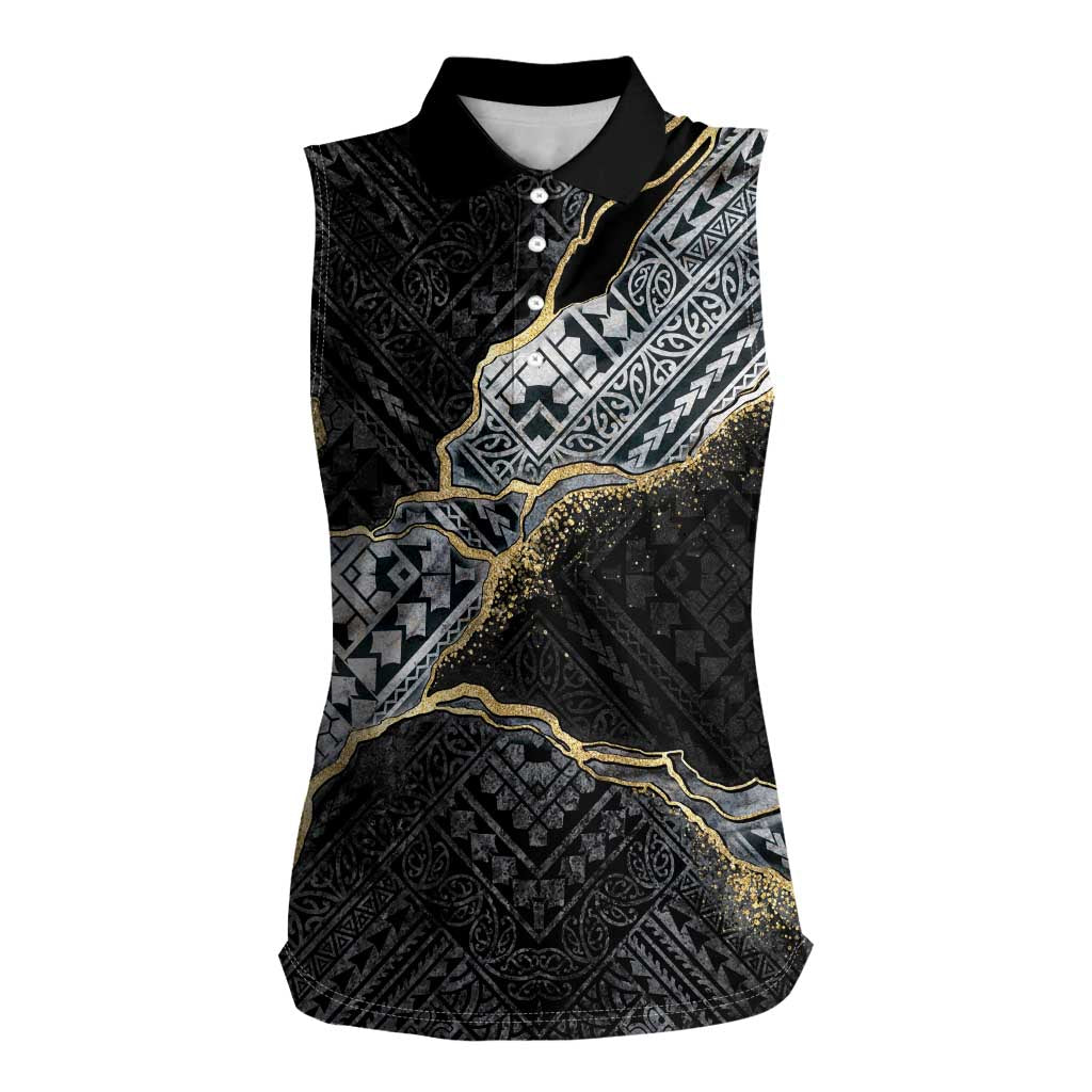 Polynesian Tribal Tattoo Women Sleeveless Polo Shirt Dark Marble Pattern LT9 Female Black - Polynesian Pride
