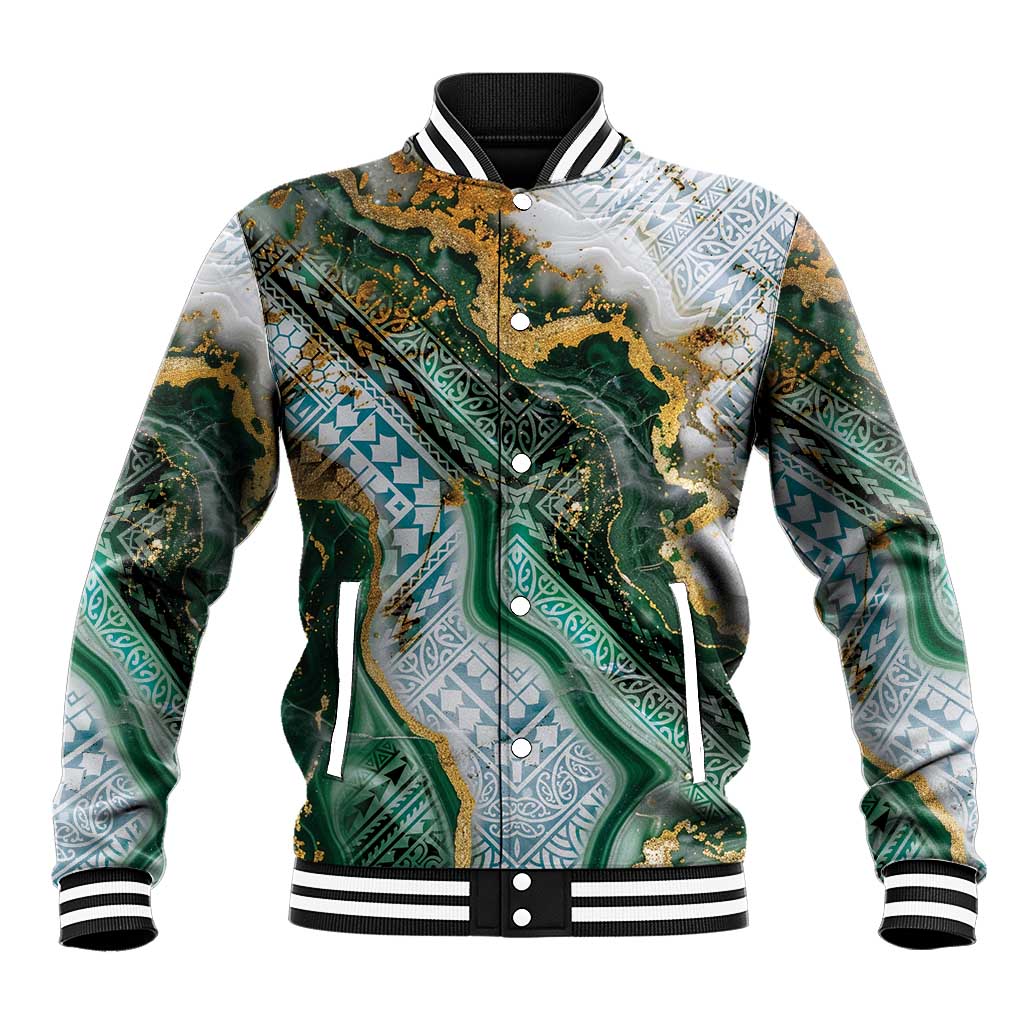 Polynesian Tribal Tattoo Baseball Jacket Green Marble Pattern