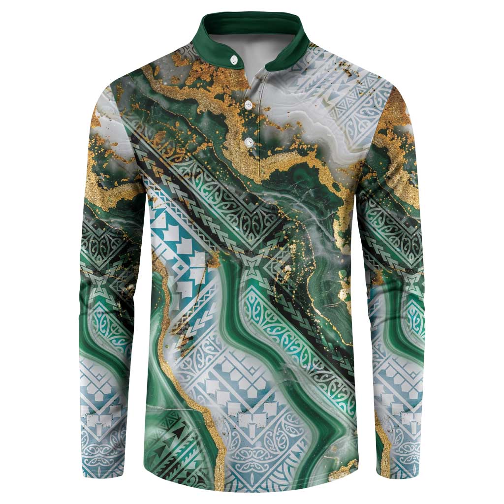 Polynesian Tribal Tattoo Button Sweatshirt Green Marble Pattern