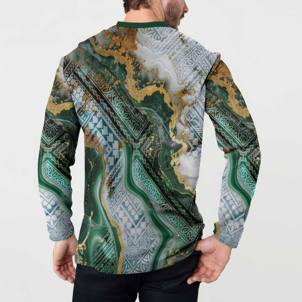 Polynesian Tribal Tattoo Button Sweatshirt Green Marble Pattern