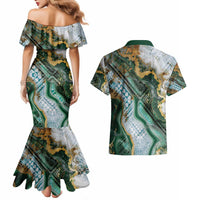 Polynesian Tribal Tattoo Couples Matching Mermaid Dress and Hawaiian Shirt Green Marble Pattern