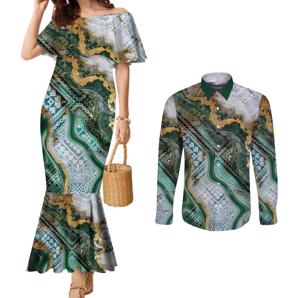 Polynesian Tribal Tattoo Couples Matching Mermaid Dress and Long Sleeve Button Shirt Green Marble Pattern LT9 Green - Polynesian Pride