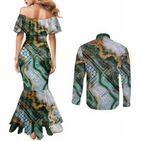 Polynesian Tribal Tattoo Couples Matching Mermaid Dress and Long Sleeve Button Shirt Green Marble Pattern