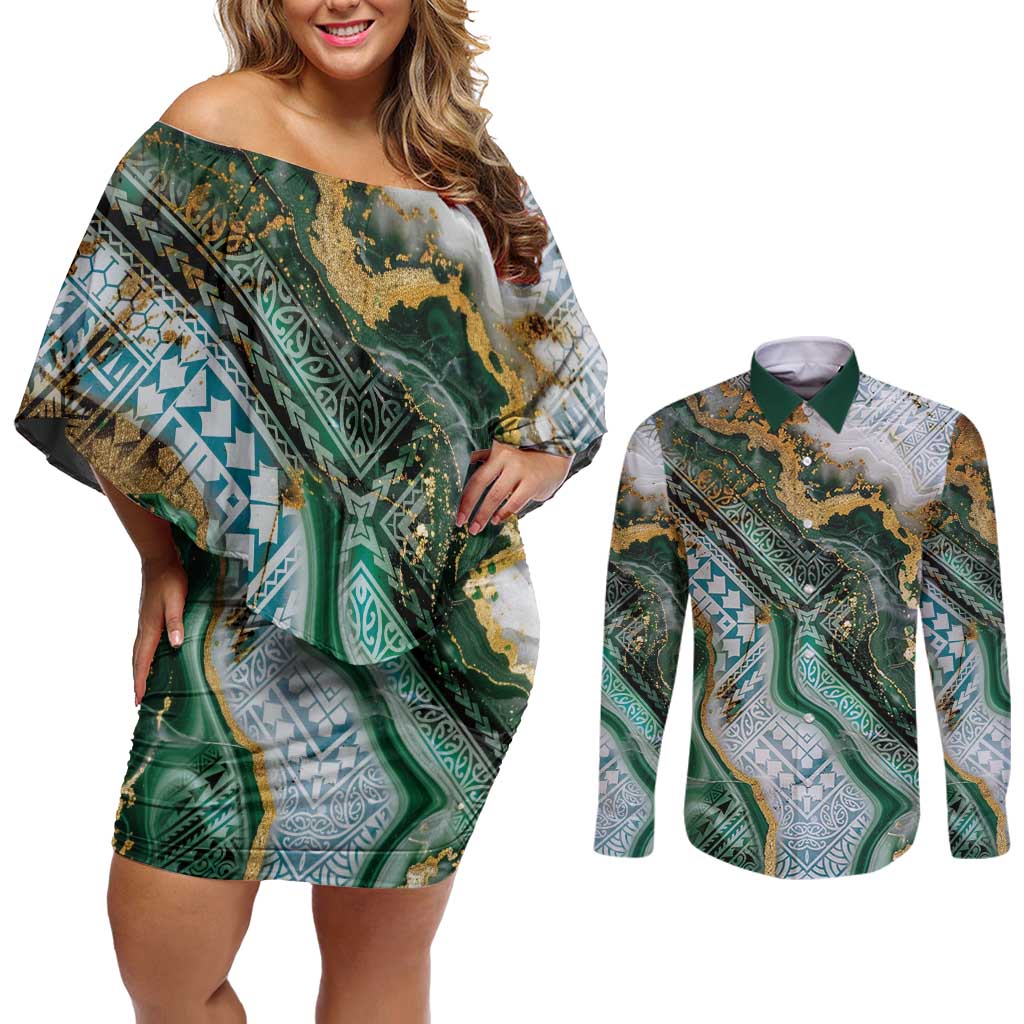 Polynesian Tribal Tattoo Couples Matching Off Shoulder Short Dress and Long Sleeve Button Shirt Green Marble Pattern LT9 Green - Polynesian Pride