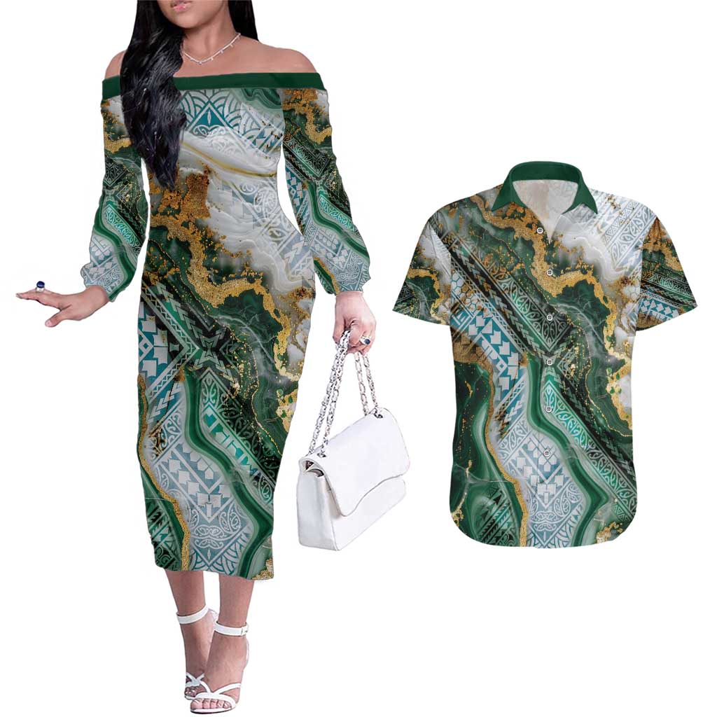Polynesian Tribal Tattoo Couples Matching Off The Shoulder Long Sleeve Dress and Hawaiian Shirt Green Marble Pattern LT9 Green - Polynesian Pride