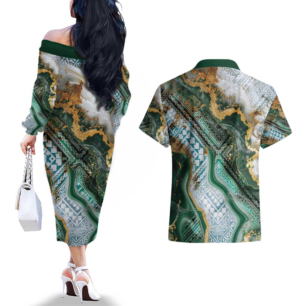 Polynesian Tribal Tattoo Couples Matching Off The Shoulder Long Sleeve Dress and Hawaiian Shirt Green Marble Pattern LT9 - Polynesian Pride