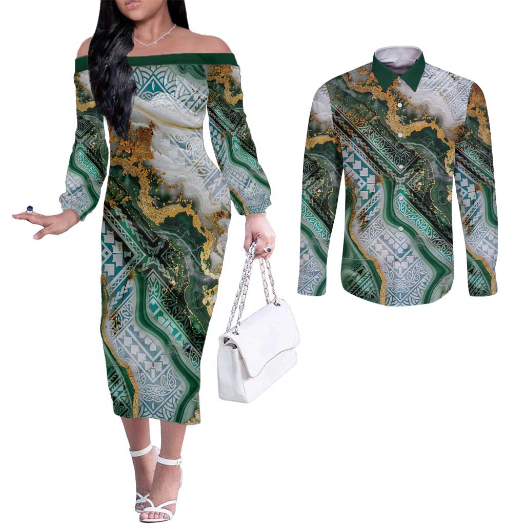 Polynesian Tribal Tattoo Couples Matching Off The Shoulder Long Sleeve Dress and Long Sleeve Button Shirt Green Marble Pattern LT9 Green - Polynesian Pride