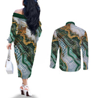 Polynesian Tribal Tattoo Couples Matching Off The Shoulder Long Sleeve Dress and Long Sleeve Button Shirt Green Marble Pattern