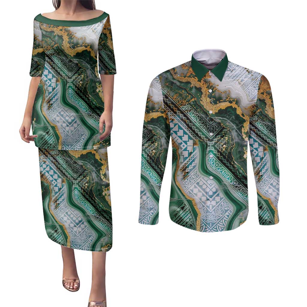 Polynesian Tribal Tattoo Couples Matching Puletasi and Long Sleeve Button Shirt Green Marble Pattern LT9 Green - Polynesian Pride