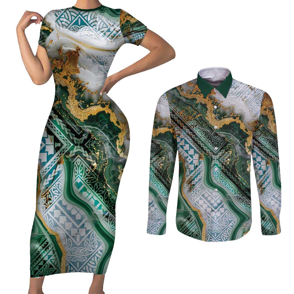 Polynesian Tribal Tattoo Couples Matching Short Sleeve Bodycon Dress and Long Sleeve Button Shirt Green Marble Pattern LT9 Green - Polynesian Pride