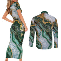 Polynesian Tribal Tattoo Couples Matching Short Sleeve Bodycon Dress and Long Sleeve Button Shirt Green Marble Pattern