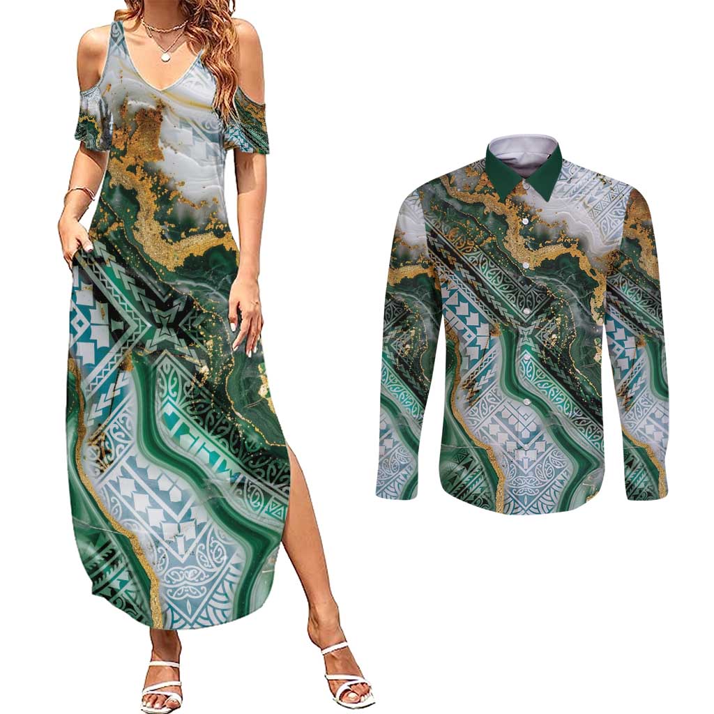 Polynesian Tribal Tattoo Couples Matching Summer Maxi Dress and Long Sleeve Button Shirt Green Marble Pattern LT9 Green - Polynesian Pride