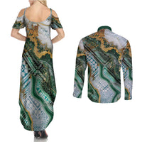 Polynesian Tribal Tattoo Couples Matching Summer Maxi Dress and Long Sleeve Button Shirt Green Marble Pattern