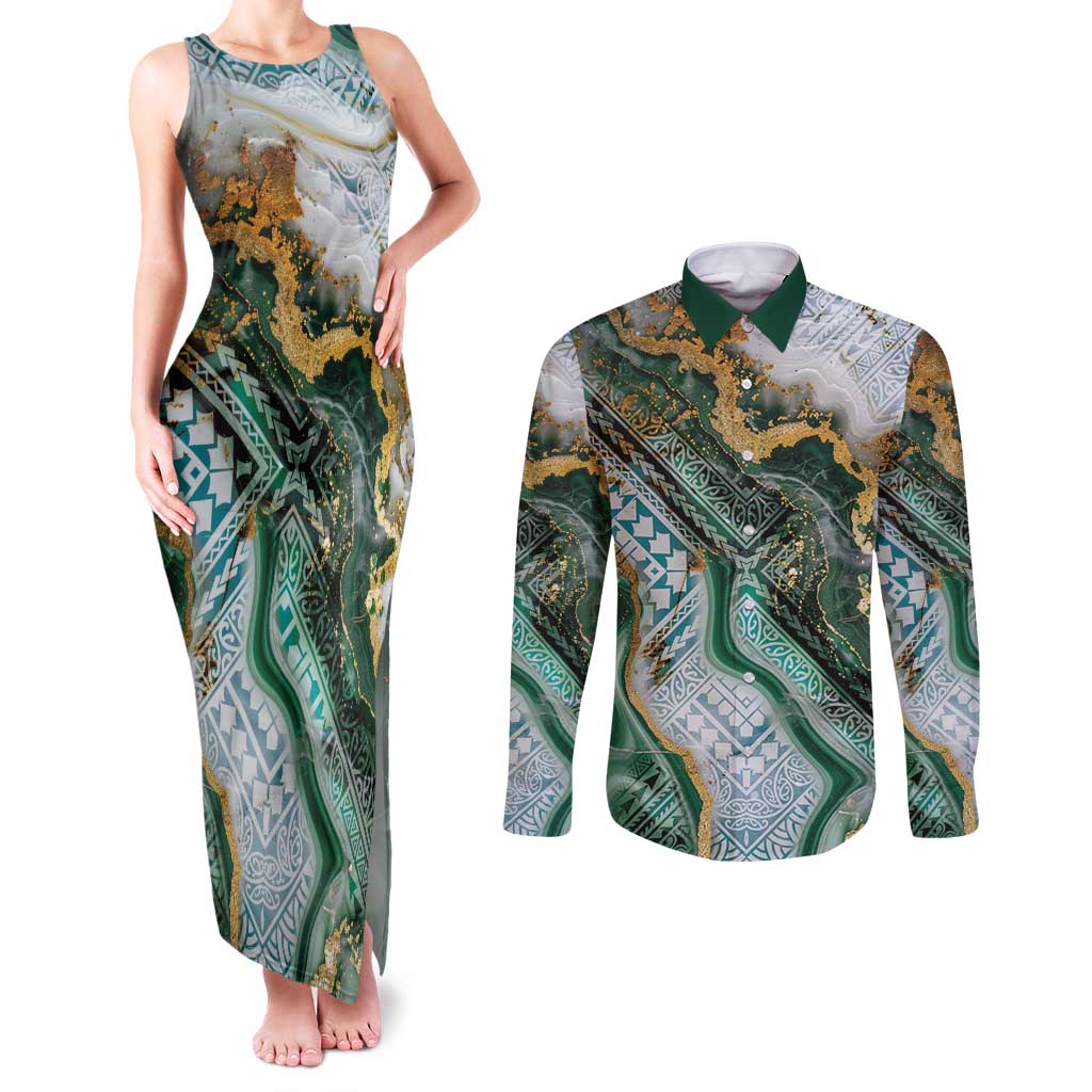 Polynesian Tribal Tattoo Couples Matching Tank Maxi Dress and Long Sleeve Button Shirt Green Marble Pattern LT9 Green - Polynesian Pride