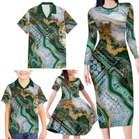 Polynesian Tribal Tattoo Family Matching Long Sleeve Bodycon Dress and Hawaiian Shirt Green Marble Pattern LT9 - Polynesian Pride