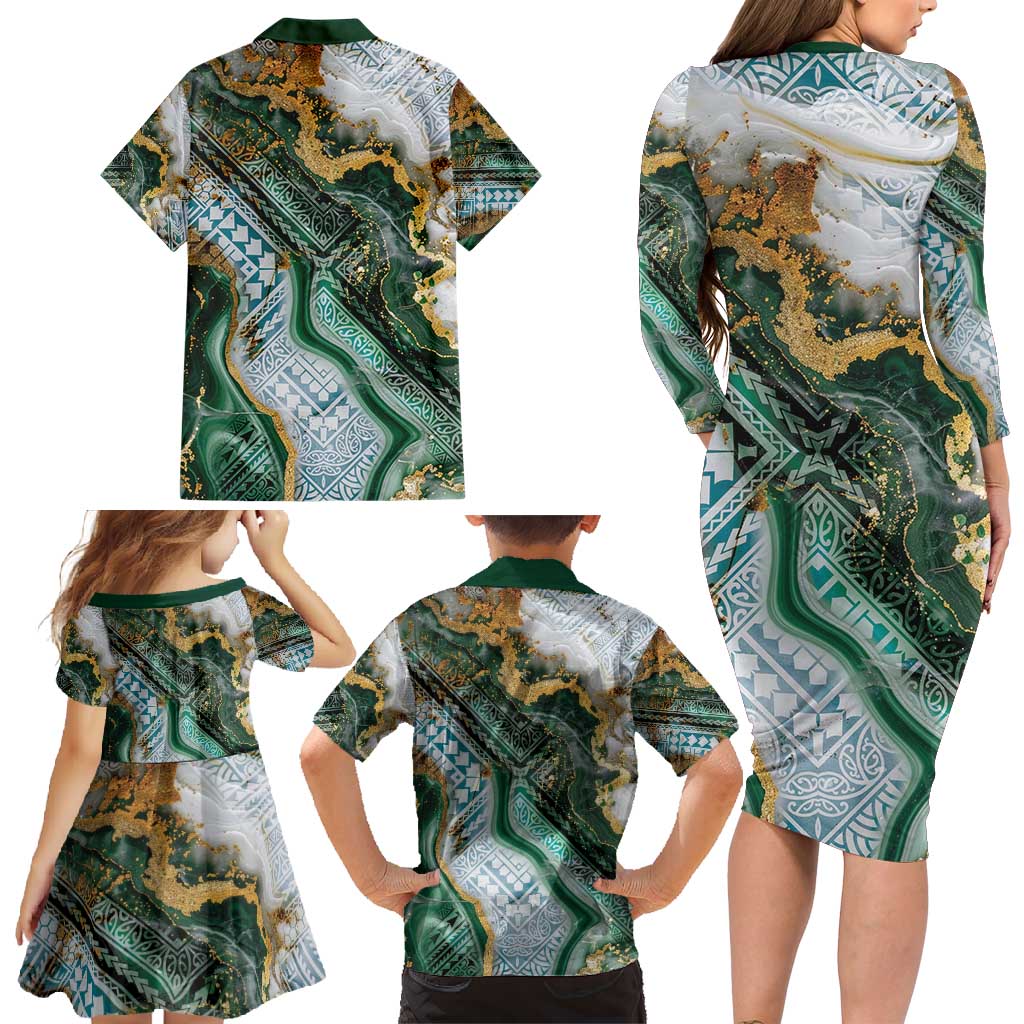 Polynesian Tribal Tattoo Family Matching Long Sleeve Bodycon Dress and Hawaiian Shirt Green Marble Pattern LT9 - Polynesian Pride